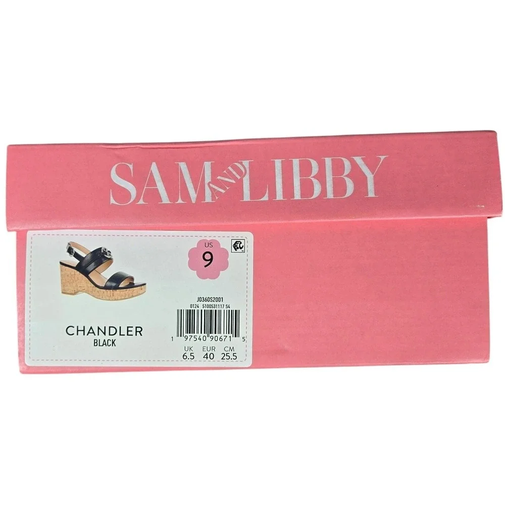 Sam & Libby Black‎ Leather Cork Platform Wedge Sandals Size 9